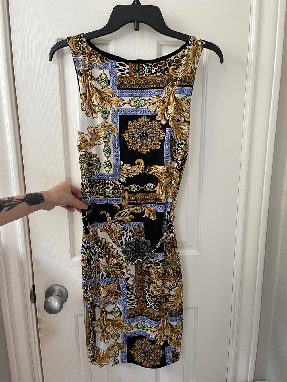 Cache Baroque Print Midi Sheath Dress in Black, Gold & White